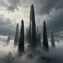 concept art, architecture design, tall black inverted cone towers made by obsidian, mist, cinematic clouds, god rays, greg rutkowski, james gurney, johannes voss, unreal engine, hyperdetailed, 4 k