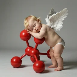 soft color studio photograph of a one - year - old blond, straight - haired angel, backward, his head resting on a large red plastic cubic molecule structure, soft lighting, in the style of anne geddes
