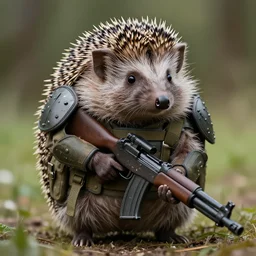 still image of a hedgehog wearing body armor, hedgehog soldier, the hedgehog is holding a rifle, photo