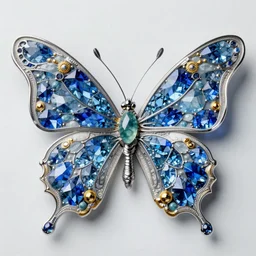high quality render of art nouveau butterfly made of blue crystals, silver, gold and jade, baroque, 8 k, hyper realism, vray, symmetrical