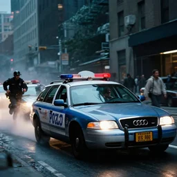NYPD cop cars chasing a Audi A4 B6 Avant (2002), a gritty neo-noir, dramatic lighting, cinematic, establishing shot, extremely high detail, photorealistic, cinematic lighting, artstation, by simon stalenhag, Max Payne (PC) (2001) winter new york, eldritch horror, police car chase