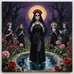 santa muerte being being worshipped by a mexican death cult wearing black robes in a rose garden with a reflective pool, by Zdzislaw Beksinski and amanda sage and h.r. giger and thomas kinkade in a surreal dark horror style, oil on canvas, 8k, hd,