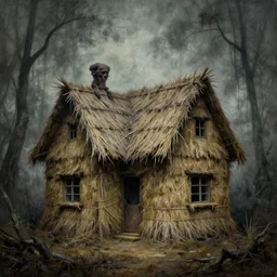 michal karcz grunge painting of the eerie view of a house made of straw, monster and horror theme. monster theme, detailed, elegant, intricate, 4 k,