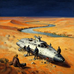 the spaceship crash site at a dry desert river bed by ivan shishkin and zacharias aagaard and simon stalenhag and escher, surrealism, chiaroscuro, tonalism, sfumato, high saturation, high contrast, vibrant, fuzzy details, dusty