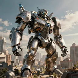 a giant armored core v in the city by liam wong, cinematic establishing shot, extremely high detail, photorealistic, cinematic lighting
