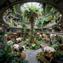 ultra wide angle interior view of a space station, hanging gardens, oxen, by syd mead