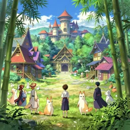 a shardgate to another dimension in the courtyard of a colorful kitsune wizard college, anime movie background, key visual, bamboo, a fantasy digital painting by makoto shinkai and james gurney, trending on artstation, highly detailed