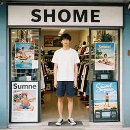 home photography portrait, inside of the shop name SHOME, floor, signboards , poster ; summer, Color VHS picture quality with mixed noise
