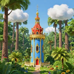 ein blauer schloss turm mit goldener und roter rococo kuppel steht vor einem vielfarbig leuchtenden magischen wald mit hohen baumen und palmen, sonniger tag, kleine fluffige wolken, papageien fliegen um den turm, wunderschone landschaft, sehr detailiert