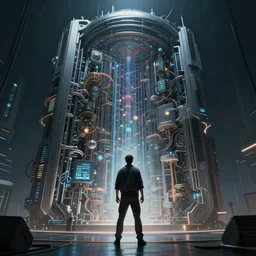 an award winning concept art of a man in front of a huge quantum computer, dramatic lighting, cinematic, unreal engine, octane render, hyper detailed, sharp focus, digital paiting, photography, trending on artstation, 4 k, cinema 4 d, cgsociety, zbrush central, behance hd, hypermaximalist, a masterpiece, hyperrealism, highly intricate
