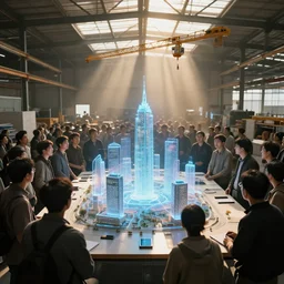 large group people in open warehouse, looking at hologram of futuristic city on a table, cinematic concept art, godrays, golden hour, natural sunlight, 4 k, clear details, tabletop model buildings, center model buildings, hologram center, crane shot, crane shot, crane shot