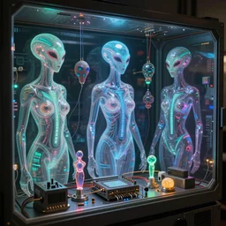Ladies in holograms of alien artifacts, electrical case display, total recall tech, , ultrarealistic, dramatic lighting, electrical details, high details, 4k, 8k, best, accurate, trending on artstation, artstation, photorealism, ultrarealistic, digital painting, style of Peter Mohrbacher, Caravaggio, Boris Vallejo