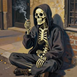 a skeleton in a hoodie sitting on the street smoking a cigarette at night, painting artstation by Picasso