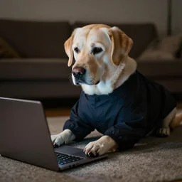 a labrador wearing human clothes trying to figure out how to use the laptop. somber tone