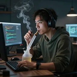 portrait of a computer programmer coding while smoking marijuana through a bong digital art high quality artstation cinematic lighting