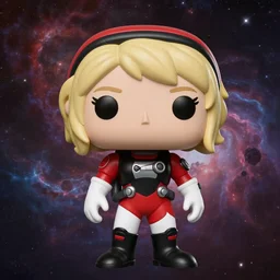 Funko pop figure of a hopeful pretty astronaut lady with a wavy blonde hair, 4k resolution, nier:automata inspired, bravely default inspired, vibrant but dreary but upflifting red, black and white color scheme!!! ((Space nebula background))