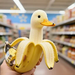 banana duck spotted at Walmart. A peeled banana that looks like a duck, depth of field. Professional photography of banana duck sighting. Peeled banana that has a duck beak.