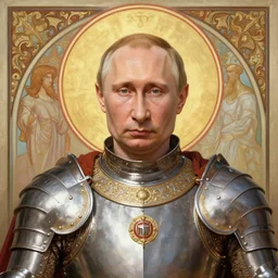 masterpiece head-on symmetrical centered painted portrait, Vladimir Putin as a holy warrior, blonde hair, holy light halo, glorious, wearing full metal armour, elegant, distant, in the style of Ruan Jia and Artgerm and Edgar Maxence and Ross Tran and Michael Whelan and Mucha, 8k, octane render