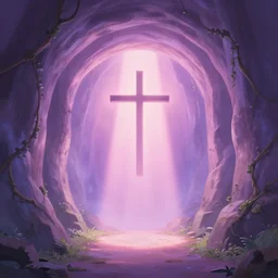 paradise with a christian cross as the light is shining at the end of the tunnel, with pale purple and pale pink lighting, cute, aesthetic, anime, with a few vines and overgrowth, studio ghibli, cinematic, painting, high definition, digital art, symmetrical, very detailed, extremely high detail, photo realistic, concept art, unreal engine 5,