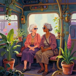 elderly lesbian multiracial couple on a steampunk vaporwave train with potted plants. complementary colors, gouache, indie concept art, bloom, chiaroscuro, backlighting, intricate details.