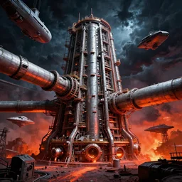 a minimalist, HDR hig contrast hyperreal space dock mining platform with massive piping inspired by nuclear reactor core maschinen krieger mri machine millennium falcon space-station Vuutun Palaa submarine, space-station Vuutun Palaa, ilm, beeple, star citizen halo, mass effect, starship troopers, elysium, iron smelting pits, high tech industrial, saturated colours, dramatic stormy sky, volumetric lighting