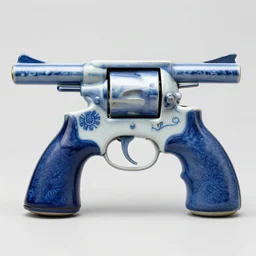 A photograph of a revolver made out of blue and white porcelain.