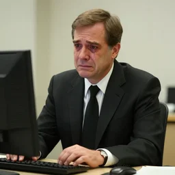 2 0 0 7 john lasseter wearing a black suit and black necktie sitting at his computer desk in his office. his eyes are wet with tears, emotional, looks sad and solemn, face screwed with grief