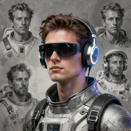 future coder man looking on, sleek cyclops display over eyes and sleek bright headphoneset, neon accent lights, desaturated headshot portrait painting by alex grey, donoto giancola, alphonse mucha, rhads, tom whalen, dean cornwall, john berkey, astronaut cyberpunk electric fashion photography