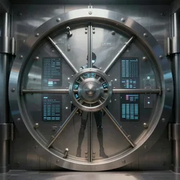 a top secret vault door, elegant digital illustration by greg rutkowski, cyberpunk, android netrunner, security system