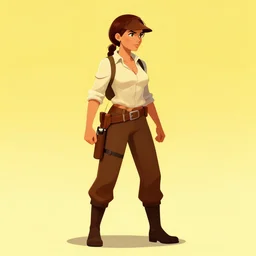 videogame platformer character, woman dressed like indiana jones, full body side profile view, chi bi style, hyper realistic, artstation, illustration, digital paint, matte paint, vivid colors, bright, cheerful, detailed and intricate