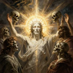 Humans seeing the light of god with Death blocking the view, hyperdetailed, artstation, cgsociety, by greg rutkowski, by Gustave Dore