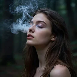 photography inside a soul of  a gorgeous  young  girl , searching for eternity, smoke out of her eyes, dark glowing forest  in the style of stefan kostic, realistic, sharp focus, 8k high definition, high fashion, vogue, insanely detailed, soft light, colorful smoke, intricate, elegant, art by stanley lau and artgerm, sigma 85mm art