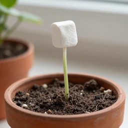 A marshmallow growing on a flowerpot
