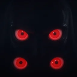 dark figure with giant red eyes looking at the camera from the bottom of the screen - n 9