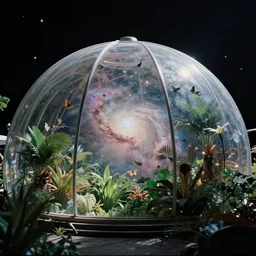 Film still of a beautiful biodome on a spacestation, with a view out into space, you can see a beautiful nebula, tropical plants grow all around, birds, butterflies, bokeh, sparkling light, starry sky, Cinestill colour cinematography, anamorphic