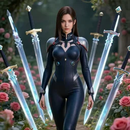 an elegant lady in a full bodysuit surrounded by holographic swords in a garden full of roses, final fantasy, cushart krenz, cushart krenz, goddess, unreal engine, very detailed, realistic face, detailed face, matte, tonemapping, perfection, 4 k