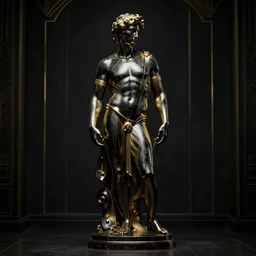 stylized onyx black gold lines dark severe lighting ornate statue full body made of marble of judas, perfect symmetrical body, perfect symmetrical face, hyper realistic, hyper detailed, by johannen voss, by michelangelo, octane render, blender, 8 k, displayed in pitch black studio room art deco
