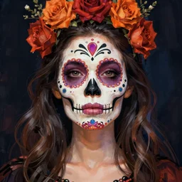 illustration of a sugar skull day of the dead girl, art by annie liebovitz