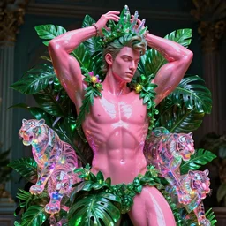 photo of baroque and bladerunner delicate neon emerald sculpture of seductive prince nick jonas pink iridescent humanoid deity wearing metallic jungle leaves, crystal tigers, glowing rainbow lights, crown made of hands, cinematic lighting, photorealistic, octane render 8 k depth of field 3 d
