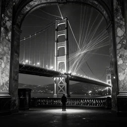 the golden gate bridge in london, black and white, vintage kodak, lasers all over the scene, strobe lights, winter, dark scenery, dark lighting, cinematic, cold freezing nights, laser lights, crybernetic, top floor boss shit, destroy lonely, black floor, lavish, luxurious, marble walls, cinematic, hyper realism, high detail, octane render, 8 k