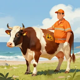 half cow half human, digital painting, cow lifeguard
