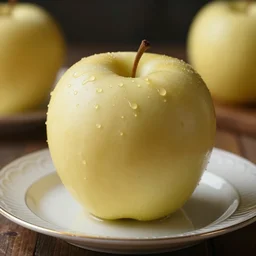 a golden delicious apple sitting on fine china, ultrarealistic, bokeh, detailed, hq 8 k 4 k, superior detail, dramatic lighting, intense, octane render.