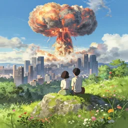 a couple sitting on top of a rock covered floral serene hillside watching a nuclear explosion explosion in a distant city with skyscrapers, a detailed matte painting by makoto shinkai, apocalyptic art, sharp focus, anime asthetic, cgsociety, fantasy art, cinematic, artstation hq, vfxfriday, dystopian art