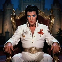 elvis presley sitting on his throne in his castle, atmospheric lighting, blue reflective eyes, nice composition, art inspired by charlie bowater