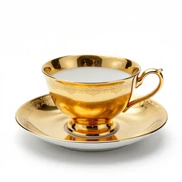 gilded teacup and saucer, high detail macro photography, isolated on a pure white background, centered, entire object in frame, sharp focus, soft studio lighting