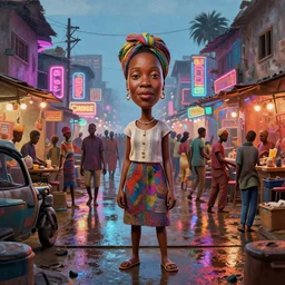 stylish caricature art of a bustling neon lit wet ajegunle slum in nigeria, photographed by vivian maier, unreal engine 3 d vfx render, digital illustration by mike winkelmann, intricate detail, sharp, volumetric light, ray tracing, soft light, colourful, claymation, wide angle lens, acrylic on canvas, cinestill 8 0 0 t,
