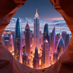 alien planet capital featuring enormous modern buildings, neon city district, antelope canyon winter backdrop, megalophobia, 4 k wallpaper, 3 3 mm