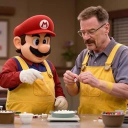 wario in yellow overalls and walter white making meth together, still from a tv series
