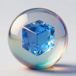 transparent blue crystal cube inside half transparent seven color perfectly geometric ball, hyper realistic, max qualiry, octane render