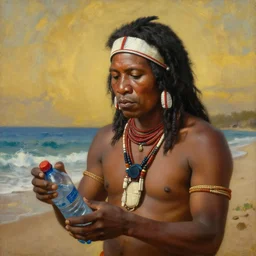 beautiful oil matte portrait painting, amazon indigenous tribe leader finding a plastic bottle at the shore, wonderful masterpiece highly detailed, beautiful cinematic light deep focus, elegant, digital painting, smooth, sharp focus, golden ratio, dramatic illumination, ultra realistic, 8 k, art by artemisia lomi gentileschi and caravaggio